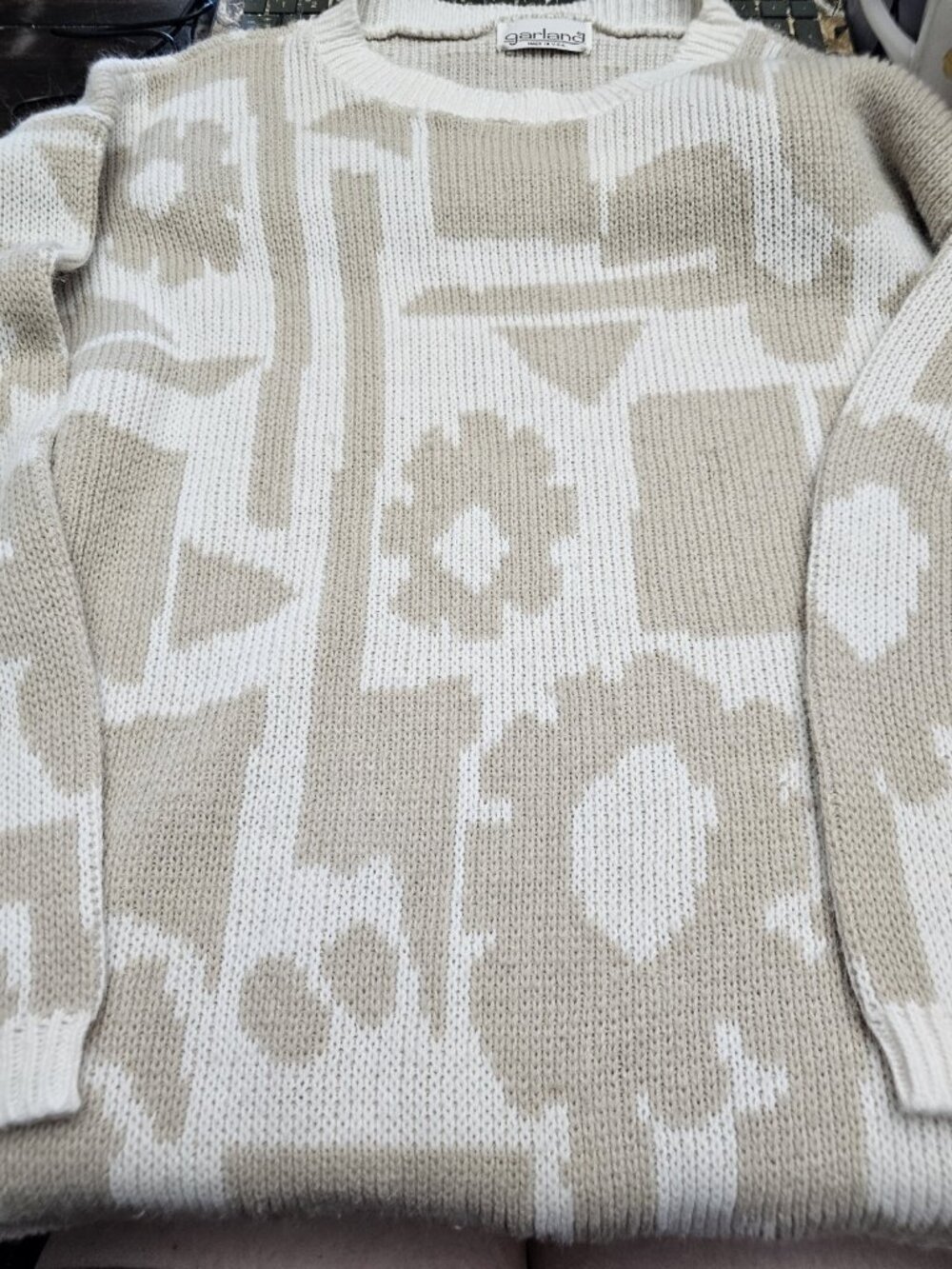Garland Tan White Vintage Knit Sweater USA Made Women's Large Geometric Pattern